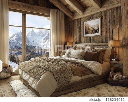 Cozy wooden bedroom with large window offering a stunning mountain view. 118234011