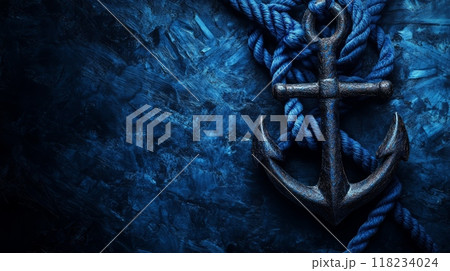 Close-up of a blue anchor entwined with ropes against a textured blue background. Close-up of a blue anchor entwined with ropes against a textured blue background. 118234024