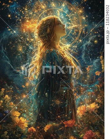 Artistic depiction of Virgo zodiac sign featuring a mystical woman surrounded by celestial elements Artistic depiction of Virgo zodiac sign featuring a mystical woman surrounded by celestial elements 118234032