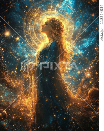 Artistic depiction of Virgo zodiac sign featuring a mystical woman surrounded by celestial elements Artistic depiction of Virgo zodiac sign featuring a mystical woman surrounded by celestial elements 118234034