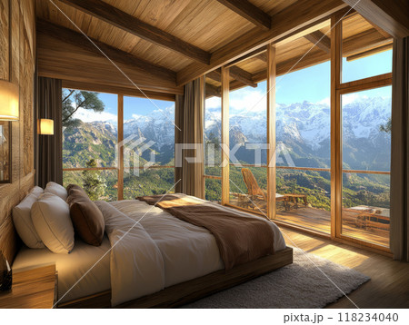 Cozy wooden bedroom with large window offering a stunning mountain view. Cozy wooden bedroom with large window offering a stunning mountain view. 118234040