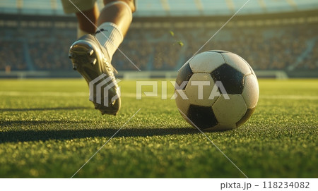 Soccer player kicking a ball in a stadium during a match, close-up action shot Soccer player kicking a ball in a stadium during a match, close-up action shot 118234082