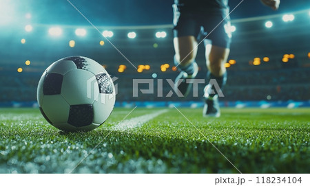 Soccer player kicking a ball in a stadium during a match, close-up action shot 118234104