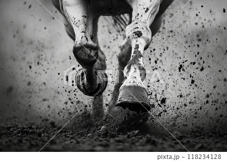 Black and white close-up of a horse's legs running through mud. Black and white close-up of a horse's legs running through mud. 118234128