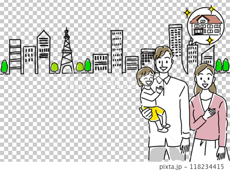 家の購入を考える家族と街並みのラフな手描き 118234415