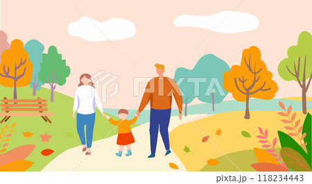 A charming vector illustration showing a family of three walking hand in hand through an autumn park. A charming vector illustration showing a family of three walking hand in hand through an autumn park. 118234443