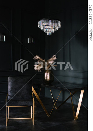 Black and gold chair and table with a vase of flowers on it. Living room is dark and the furniture is modern Black and gold chair and table with a vase of flowers on it. Living room is dark and the furniture is modern 118234579