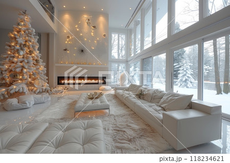 Modern living room with fireplace and white Christmas tree. Mood of the room is cozy and warm, perfect for the holiday season Modern living room with fireplace and white Christmas tree. Mood of the room is cozy and warm, perfect for the holiday season 118234621