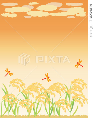 夕焼けと赤とんぼと稲穂の秋のイラスト 縦型バージョン 夕焼けと赤とんぼと稲穂の秋のイラスト 縦型バージョン 118234819