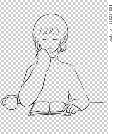 女人讀咖啡線畫黑色 118234881