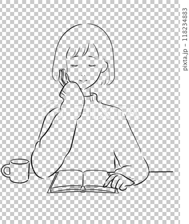 女性 読書 コーヒー 線画黒 ボブ 118234883
