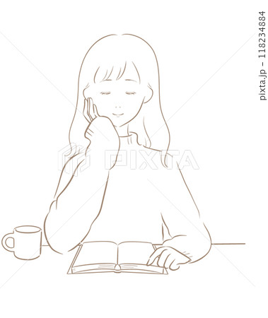 女性 読書 コーヒー 線画茶色 ロングヘア 118234884