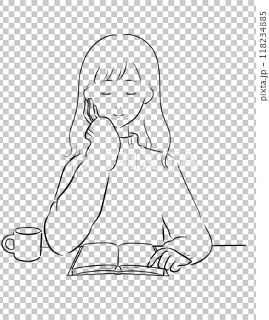 女性 読書 コーヒー 線画黒 ロングヘア 118234885