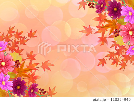 紅葉とコスモス 秋の装飾背景 紅葉とコスモス 秋の装飾背景 118234940