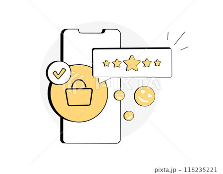 Customer satisfaction concept. Five-star feedback rating, happy consumer leaving positive review. Customer leaves positive feedback after ordering product or service. Isolated Vector illustration Customer satisfaction concept. Five-star feedback rating, happy consumer leaving positive review. Customer leaves positive feedback after ordering product or service. Isolated Vector illustration 118235221