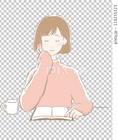 女性 読書 コーヒー 主線茶色 ピンクニット ボブ 女性 読書 コーヒー 主線茶色 ピンクニット ボブ 118235223