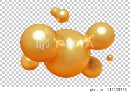 Golden abstract liquid metaball shape. 3d render illustration of fluid soft bubble blob. Organic gold decorative sphere geometric form. Morphing ball aqua drop or molecule. Flow particles. 118235488