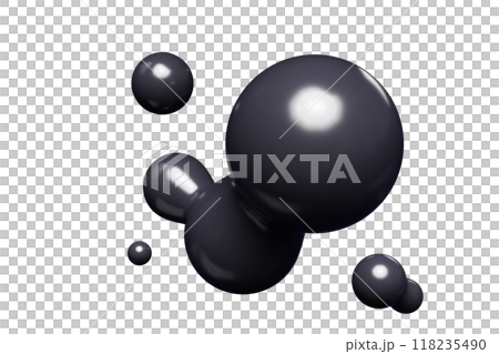 Black abstract liquid metaball shape. 3d render illustration of fluid soft bubble blob. Organic bright decorative sphere geometric form. Morphing ball aqua drop or molecule. Flow particles. 118235490