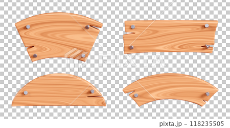 Wooden plaque set with cracks and metal nails for text box. Cartoon 3d render illustration of signboard with brown wood texture. Rustic timber plank, nameplate or board frame with fracture. 118235505