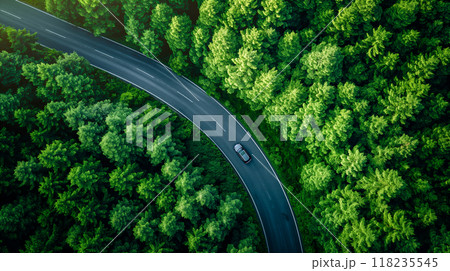 A car driving on a winding forest road surrounded by green trees on a sunny day. Generative AI A car driving on a winding forest road surrounded by green trees on a sunny day. Generative AI 118235545