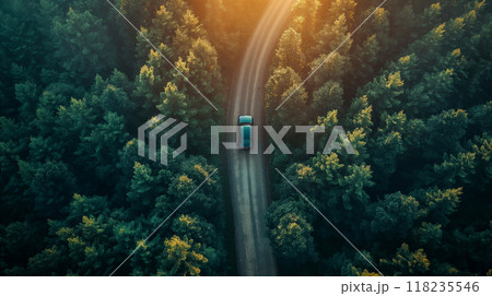 A car driving on a winding forest road surrounded by green trees on a sunny day. Generative AI A car driving on a winding forest road surrounded by green trees on a sunny day. Generative AI 118235546