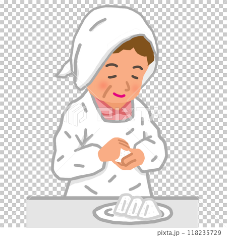 A mother in an apron makes rice balls A mother in an apron makes rice balls 118235729
