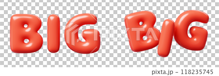 Big red Inflatable flying word for promotion design. 3D render illustration of sale and discount floating text design element. Balloon cartoon volumetric sign for special offer advertising. 118235745