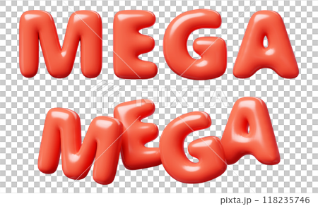 Mega red Inflatable flying word for promotion design. 3D render illustration of sale and discount floating text design element. Balloon cartoon volumetric sign for special offer advertising. 118235746