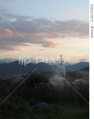 9月のリンゴ園の夕焼けとスプリンクラー散水2 118235851