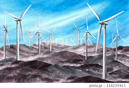 Blue sky with windmills, wind turbine on mountains ranges. Watercolor landscape Hand drawn illustration. Eco clipart. Climate concept, Wind Energy, environmental protection isolated from background Blue sky with windmills, wind turbine on mountains ranges. Watercolor landscape Hand drawn illustration. Eco clipart. Climate concept, Wind Energy, environmental protection isolated from background 118235921