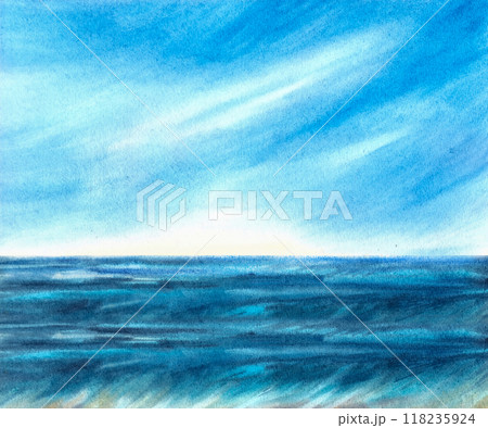 Sea landscape. Watercolor hand drawn background with ocean waves, blue sky and white clouds. Nautical illustration, realistic texture. Clipart for interior, flyers, poster, banner card print. Isolated Sea landscape. Watercolor hand drawn background with ocean waves, blue sky and white clouds. Nautical illustration, realistic texture. Clipart for interior, flyers, poster, banner card print. Isolated 118235924