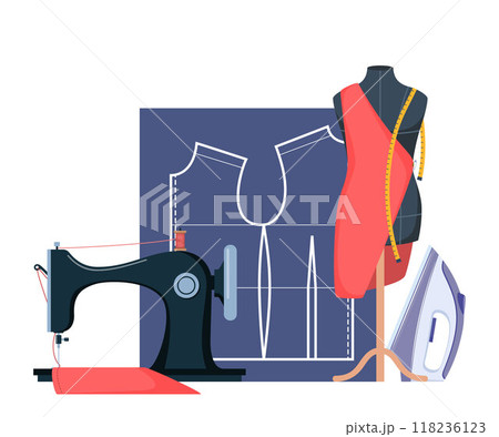 Dressmaking icons composition. Tailors accessories, supplies and equipment to sew cloth. Tailoring studio. Vector. 118236123