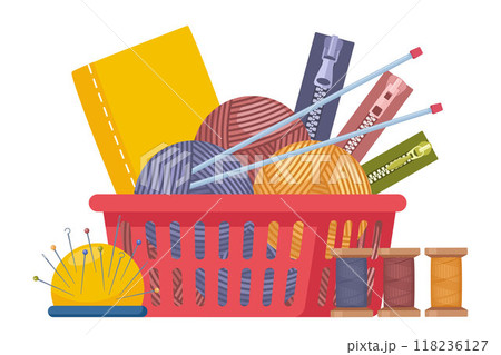 Dressmaking icons composition. Balls of yarn with knitting needles. Tools for knitwork, handicraft, crocheting, hand-knitting. Accessories, supplies, equipment to sew cloth. Tailoring studio. Vector. 118236127