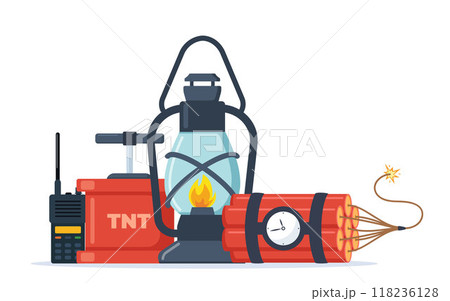 Mining coal industry icons composition. Tools and equipment for manufacture, truck and mine, mineral fuel, miner symbol, signs of machinery and dump. Vector illustration. 118236128