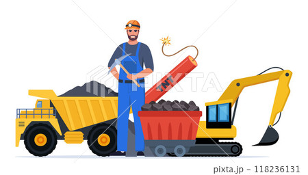 Mining coal industry icons composition. Tools and equipment for manufacture, truck and mine, mineral fuel, miner symbol, signs of machinery and dump. Vector illustration. 118236131