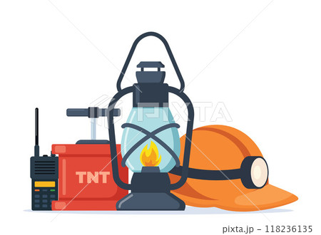 Mining coal industry icons composition. Tools and equipment for manufacture, truck and mine, mineral fuel, miner symbol, signs of machinery and dump. Vector illustration. 118236135