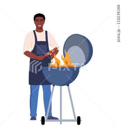 African American man cooking barbecue grill. Barbecue scene. Smiling man holds kebabs. Fry meat on fire. Vector illustration. 118236166