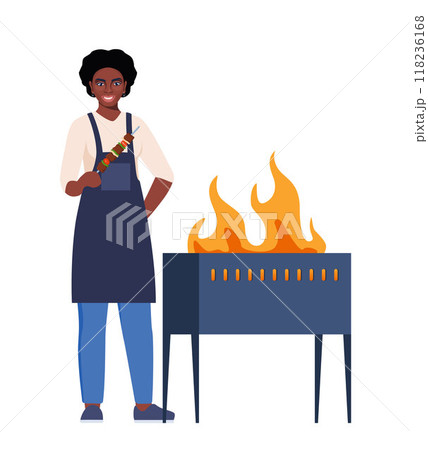African American woman cooking barbecue grill. Barbecue scene. Smiling man holds kebabs. Fry meat on fire. Vector illustration. 118236168