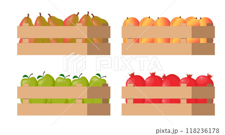 Wooden box with autumn fruits. Harvest. Fresh natural foods. Cart with product buy in supermarket. Diet and organic food. Vector. 118236178