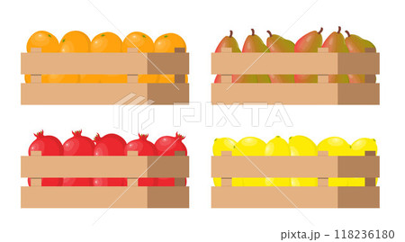 Wooden box with autumn fruits. Harvest. Fresh natural foods. Cart with product buy in supermarket. Diet and organic food. Vector. Wooden box with autumn fruits. Harvest. Fresh natural foods. Cart with product buy in supermarket. Diet and organic food. Vector. 118236180