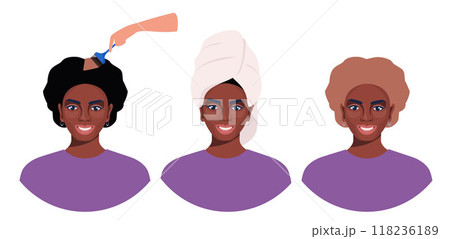 Steps of hair coloring process for black woman at home. Brunette changes her hair color to lighter one. Hair lightening. How to dye your hair. Vector illustration. 118236189