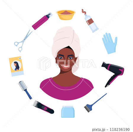 Hair coloring elements. Hair dye, brush, comb, bowl, gloves, oxidizer, hair balm. Tools and cosmetic products for hair care. Elements for beauty salon. Vector illustration. 118236190