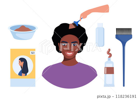 Hair coloring process and elements. Hair dye, brush, comb, bowl, gloves, oxidizer, hair balm. Tools and cosmetic products for hair care. Elements for beauty salon. Vector illustration. 118236191