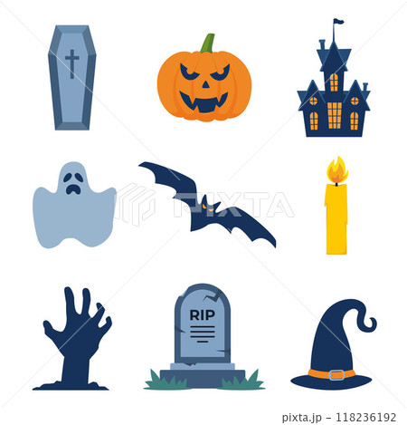 Halloween design elements. Halloween clip arts with traditional symbols, perfect for party invitation, greeting card, flyer, banner, poster. Vector illustration. 118236192