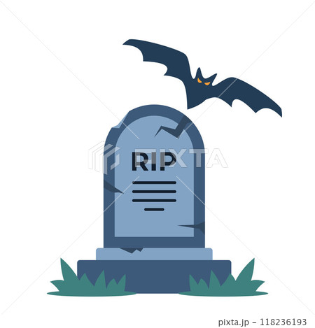 Halloween grave and bat. Old gravestone with cracks. tomb on white background. Granite plate with fissure. Vector illustration. 118236193