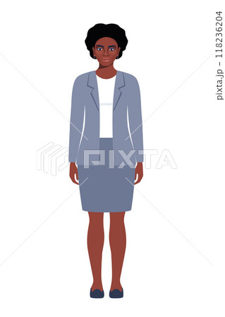 Elegant young black woman in business suit. Flat style illustration of a handsome successful businesswoman. 118236204