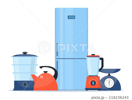 Household electric devices composition. Home appliance set. Domestic equipment. House electronics. Vector illustration. 118236243