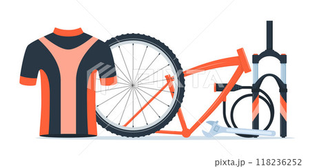 Bicycle equipment composition. Cyclist gear, sportswear for biker, track accessories for extreme sport training isolated on white. Vector illustration. Bicycle equipment composition. Cyclist gear, sportswear for biker, track accessories for extreme sport training isolated on white. Vector illustration. 118236252