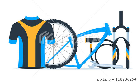 Bicycle equipment composition. Cyclist gear, sportswear for biker, track accessories for extreme sport training isolated on white. Vector illustration. Bicycle equipment composition. Cyclist gear, sportswear for biker, track accessories for extreme sport training isolated on white. Vector illustration. 118236254