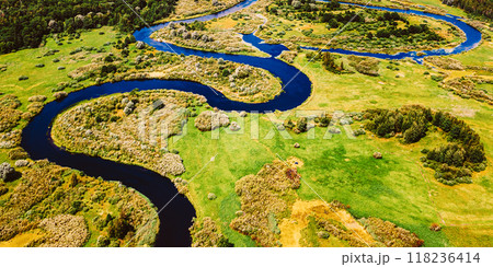 Aerial View Green Forest Woods And River Landscape In Sunny Spring Summer Day. Top View Of Beautiful European Nature From High Attitude In Autumn Season. Drone View. Bird's Eye View Aerial View Green Forest Woods And River Landscape In Sunny Spring Summer Day. Top View Of Beautiful European Nature From High Attitude In Autumn Season. Drone View. Bird's Eye View 118236414